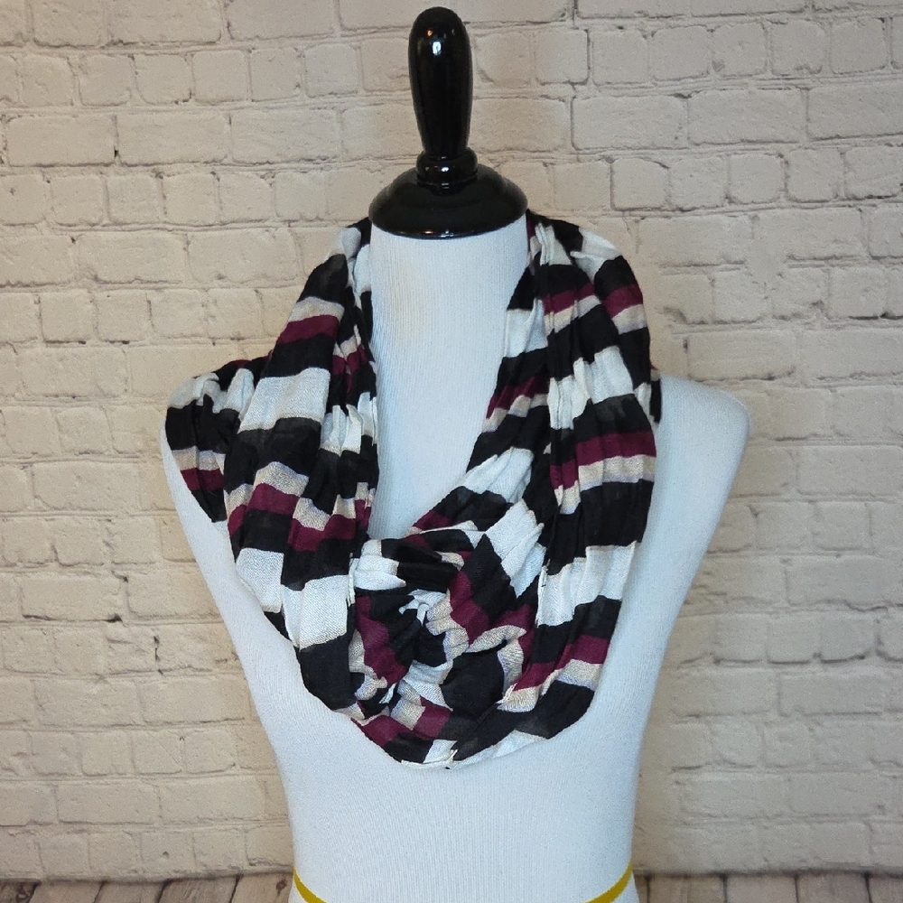 White House Black Market Black, White & Burgundy Striped Infinity Scarf